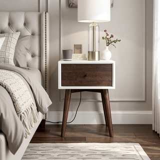 Sunvega Mid-Century Modern Dark Brown Walnut Nightstand with 1 Drawer for Bedroom