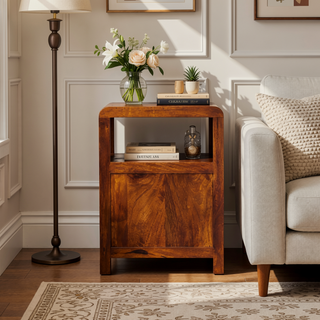 Sunvega Solid Mango Wood Nightstand with Two Drawers and Open Shelf