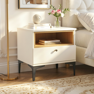 Sunvega Modern Light Oak Nightstand with Drawer and Shelf for Bedroom