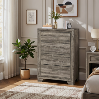 Sunvega Brown Oak Transitional Four-Drawer Chest with Metal Handles for Bedroom