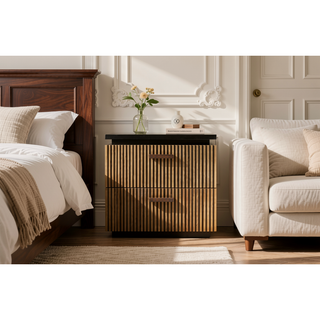Sunvega Modern Mango Wood Nightstand with Brass Metal and Two Spacious Drawers