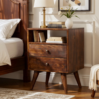 Sunvega Classic Chestnut Mango Wood Nightstand with Brass Knobs and Nordic Legs