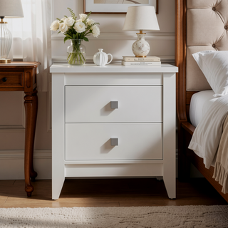 Sunvega White Nightstand with Two Spacious Drawers and Four Wooden Legs for Bedroom