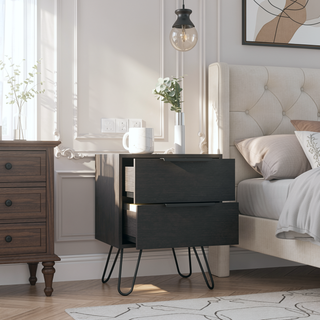 Sunvega Modern End Table with Two Drawers and Hairpin Legs for Bedroom