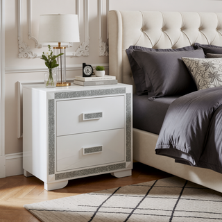 Sunvega White Nightstand with Integrated Speaker Cooler Insert and Glitter Detailing