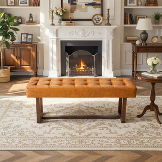 Sunvega Mid-Century Modern Tan Leather Bench with Solid Wood Frame for Living Room