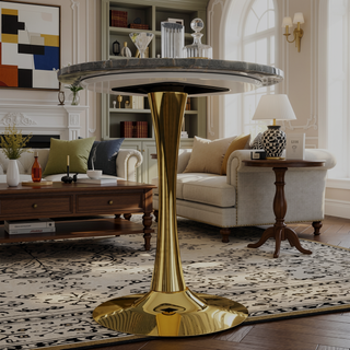 Sunvega Round White Pedestal Side Table with Marble Effect Top for Living Room