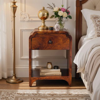 Sunvega Handcrafted Solid Mango Wood Nightstand with Drawer and Open Shelf