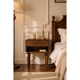 Sunvega Solid Wood Curve Floating Bedside Table with Drawer and Open Shelf