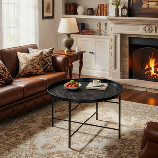 Sunvega 24 Inch Round Coffee Table with Hammered Tray Top and Metal Frame for Living Room