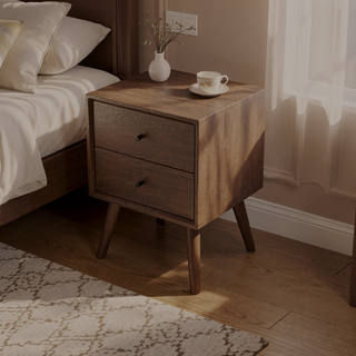 Sunvega Mid-Century Modern Caroline Night Stand 2-Drawer in Dark Brown Solid Wood