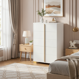 Sunvega Modern Art Deco White Five-Drawer Chest with Gold Hardware and Smooth Glide