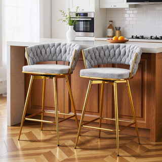 Sunvega 360 Swivel Bar Stools with Cotton Linen Cushions and Electroplated Metal Frame
