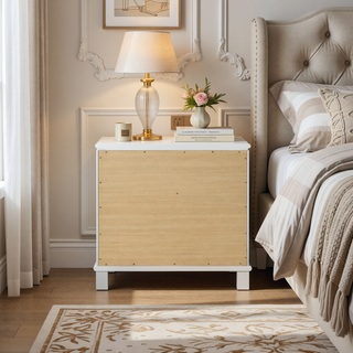Sunvega Pearl White Nightstand with Acrylic Crystal Legs and Two Deep Storage Drawers