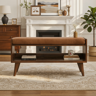 Sunvega Solid Mango Wood Chestnut Finish Bench with Brown Leather Seat Pad