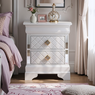 Sunvega Fully Assembled Pearl White Nightstand with Gold Handles and Faux Crystal