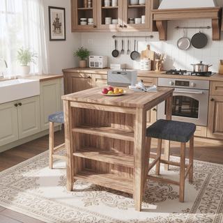 Sunvega 3-Piece Counter Height Table Set with Oak Finish and Upholstered Stools
