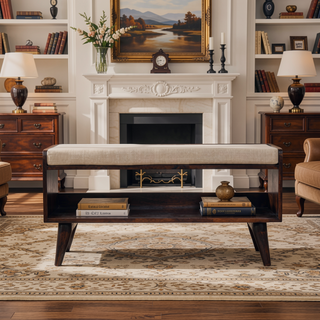 Sunvega Solid Mango Wood California Walnut Finish Bench with Mud Linen Upholstered Seat Pad