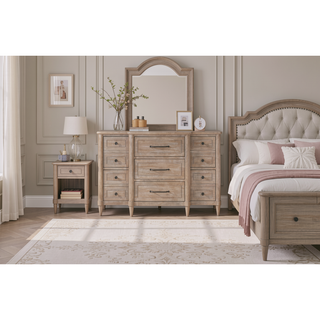 Sunvega Mindi Veneer Breakfront Dresser with Warm Sand Finish and Nine Drawers