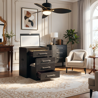 Sunvega Black Contemporary Vanity Set with Stool LED Mirror and Storage Drawers