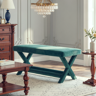 Sunvega Mid-Century Modern Velvet Upholstered Accent Bench with X-Crossed Legs