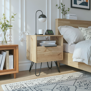 Sunvega Single Door Cabinet Nightstand with Hairpin Legs and Two Shelves