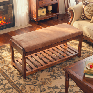 Sunvega Solid Mango Wood Buffalo Leather Upholstered Bench with Slatted Shelf