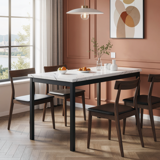 Sunvega Casual Square Metal Dining Table with Faux Marble Top and Black Legs