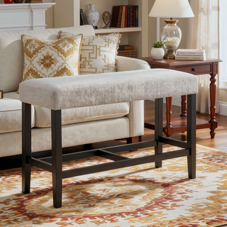 Sunvega Light Gray Fabric Upholstered Counter Height Bench with Wooden Footrest