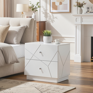 Sunvega Ultra Modern White Finish Nightstand with 2 Drawers and Embossed Lines Design