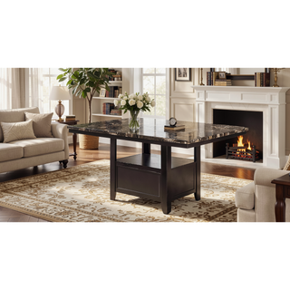 Sunvega Contemporary Brown Faux Marble Rectangular Dining Table with Storage Shelves