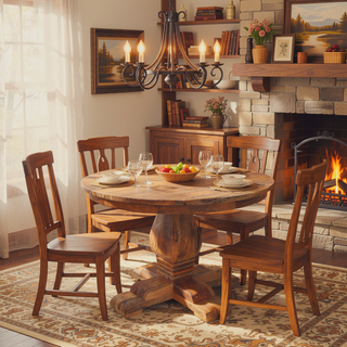 Sunvega Solid Wood Valentina Round Dining Table with Sculpted Pedestal Base