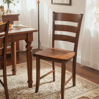 Sunvega Walnut Finish Transitional Dining Table Set with Square Table and Slat Back Chairs