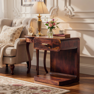 Sunvega Solid Mango Wood Chestnut Bedside Table with Drawer and Open Shelf