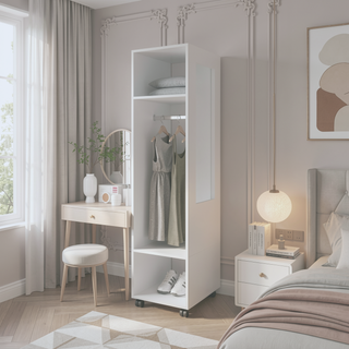Sunvega Benson Wardrobe with Mirror and Open Storage on Wheels for Bedroom