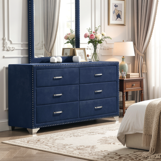 Sunvega Upholstered Dresser with Six Spacious Drawers and Nail Head Trim