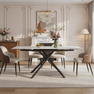 Sunvega Modern Sintered Stone Dining Table with Black Carbon Steel Legs for 6