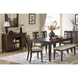 Sunvega Dark Brown Finish Wooden Dining Bench with Beige Fabric Upholstered Seat