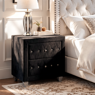 Sunvega Black Velvet Nightstand with Crystal Knobs and Two Drawers