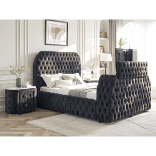 Sunvega Modern Fabric Upholstery Nightstand with Faux Marble Top and Two Storage Drawers