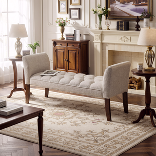 Sunvega Traditional Button Tufted Upholstered Bench with Arms and Solid Wood Legs for Bedroom