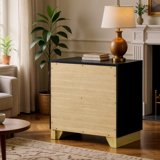 Sunvega Modern Black Nightstand with Two Drawers and Gold Accents