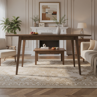 Sunvega Mid-Century Modern Solid Wood Rectangular Dining Table with Brown Stain Finish