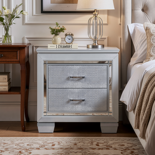 Sunvega Silver Faux Alligator Embossed Nightstand with 2 Dovetail Drawers and LED Lighting