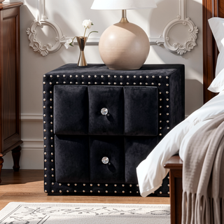 Sunvega Beige Contemporary Nightstand with Crystal Knobs and Vertical Tufting