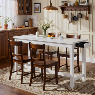 Sunvega White Counter Height Dining Set with USB Ports and Fabric Stools