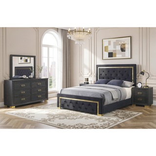 Sunvega Glam Style Black Nightstand with Gold Metal Hardware and Two Drawers