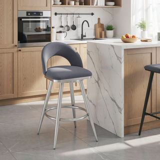 Sunvega Swivel Bar Stool with Gray Faux Leather Upholstery and Brushed Steel