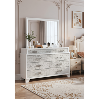 Sunvega Modern White Dresser with Marble Accents and Nine Drawers for Bedroom