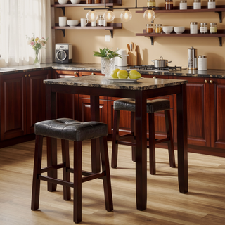 Sunvega 3-Piece Counter Height Breakfast Table with Stools in Espresso Glossy Print Marble